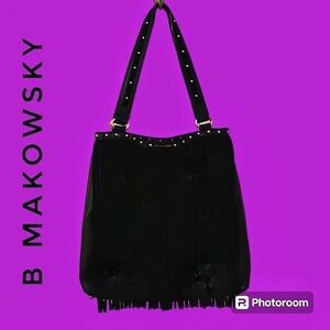 B MAKOWSKY Black Suede Fringe Western Studded Leather Shoulder Bag